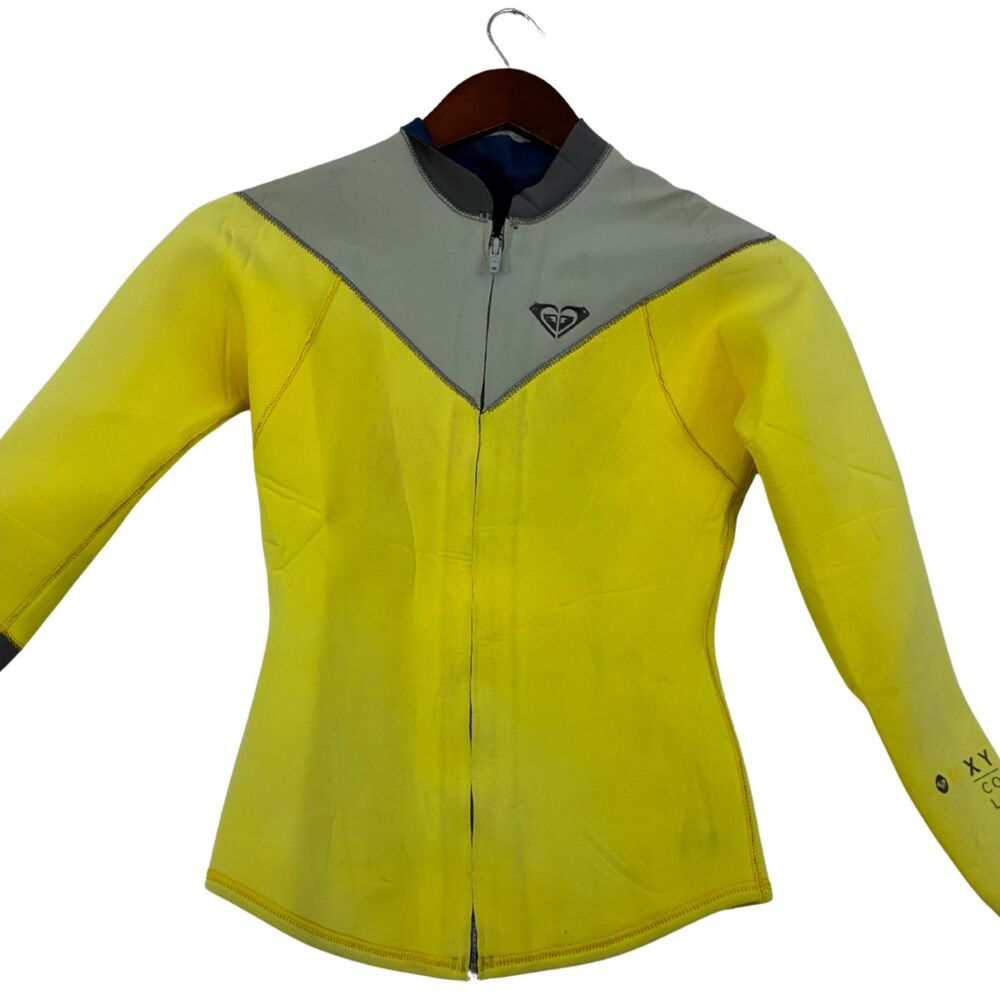 Roxy Syncro Women’s Wetsuit Jacket Size 10 Yellow Gray Long Sleeve Front Zip